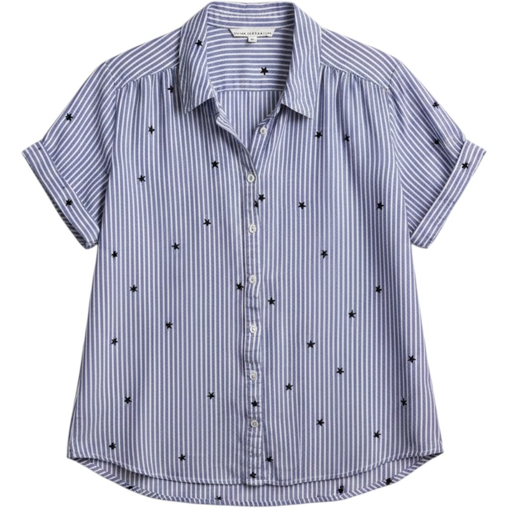 Whimsical Blue & White Pinstriped Star Embroidered Preppy Button Down Shirt  1X